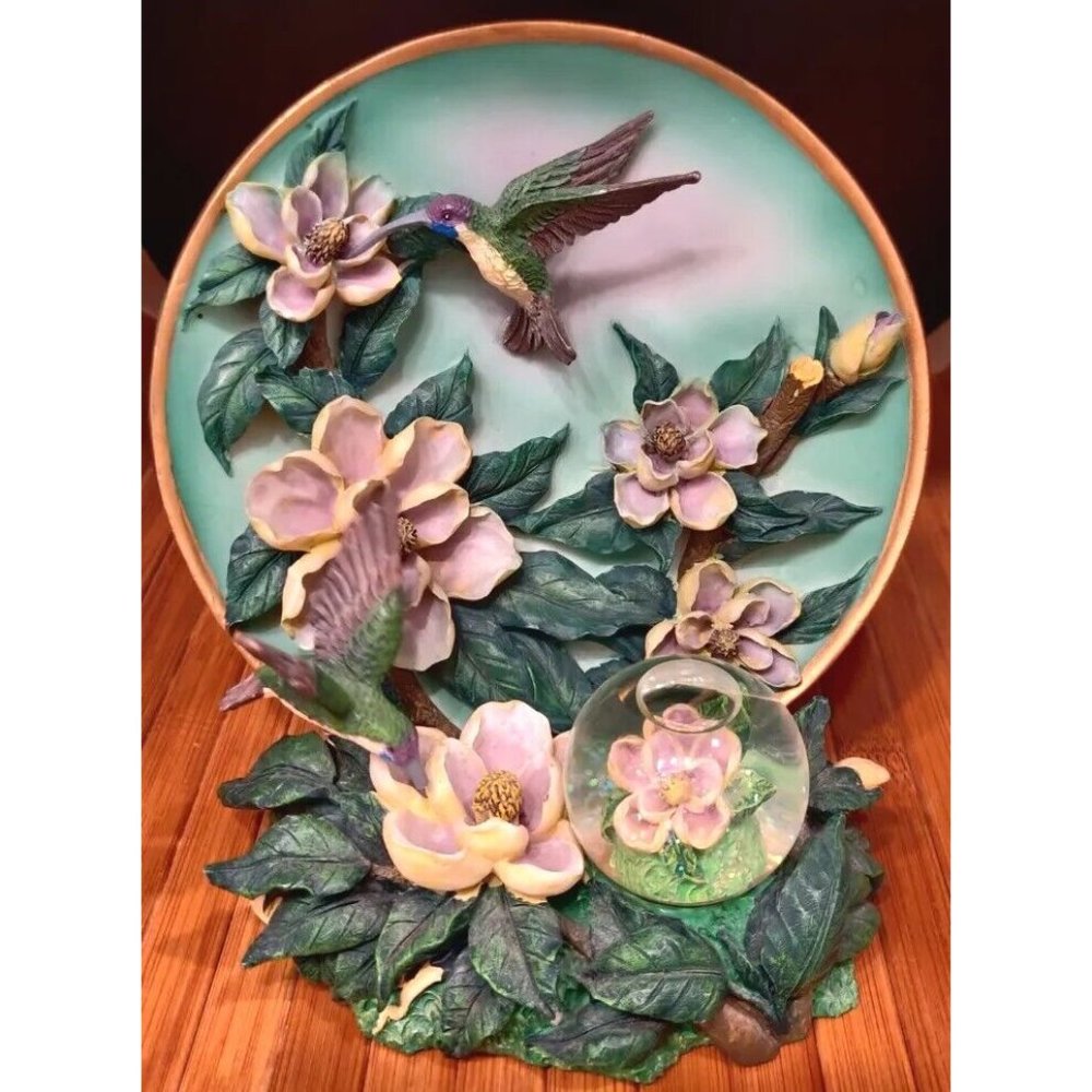 1999 Vintage Floral Hummingbirds Feeding Cadona Art Plate w/ Snow Globe Base